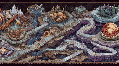 Intricate map of a fantastical land. A visual metaphor for adventure, strategy, and exploration. Great for game design, storytelling, or creative projects.