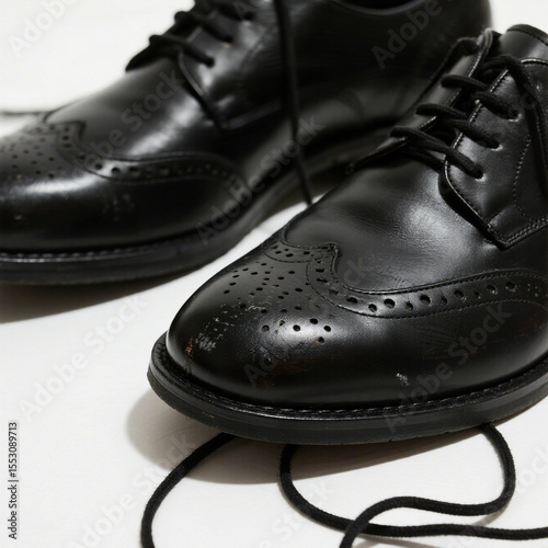 Close up of a pair of black leather brogue shoes