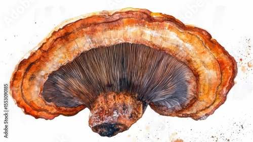 An artistic depiction of a wild mushroom with intricate gills.
