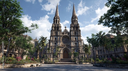 Majestic Cathedral Rising High into the Sky with Towering Spires Detailed Architecture and Lush