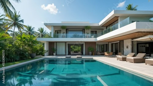 Wallpaper Mural Modern tropical villa with private pool. Luxury vacation in exotic resort. Palm trees, jungle greenery, minimalist architecture. 4k video Torontodigital.ca
