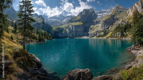 Turquoise Lake Oeschinen landscape mountain snow peaks travel destination Swiss Alps beauty nature