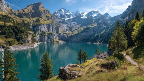 Alpine Lake Serenity Majestic Mountain Landscape with Turquoise Water Nature Tranquility Reflection