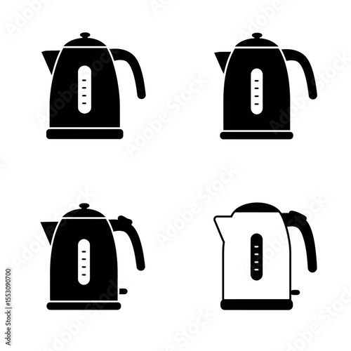 Four Modern Electric Kettle Icons: Minimalist Black and White Illustrations for Website or App Design.