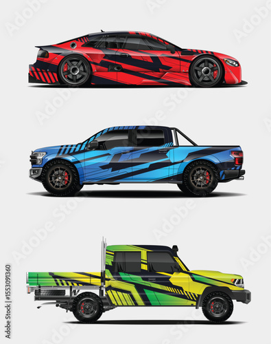 Three Different Vehicles with Custom Color Schemes and Graphic Wraps on a White Background