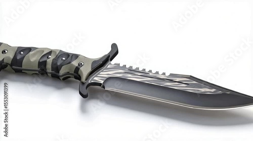 3D render of military tactical knife with serrated design