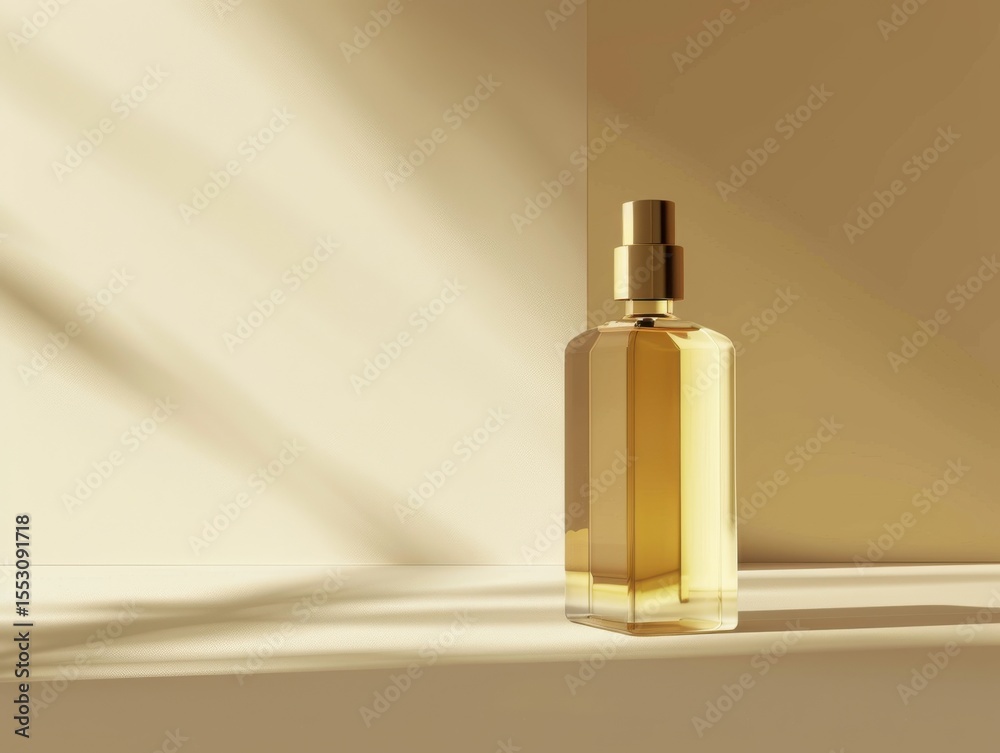 Naklejka premium Elegant golden perfume bottle on beige background, PNG