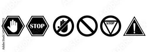 Set of black warning and stop signs including hand, exclamation mark and no entry symbols. Ideal for road safety, caution, and traffic related design or illustration. stop, ban, icons, vector, symbols