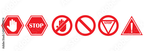Set of red warning and stop signs including hand, exclamation mark and no entry symbols. Ideal for road safety, caution, and traffic related design or illustration. stop, ban, icons, vector and symbol