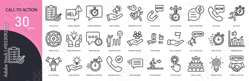 Call to action related icon collections. Containing button, click, tap, link, prompt, banner, website, subscribe, buy, and sign-up icons. Outline icons.