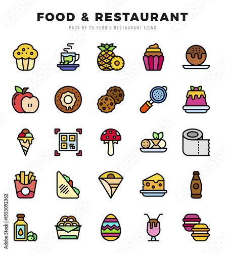 Food and Restaurant Icons bundle. Lineal Color style Icons. Vector illustration.