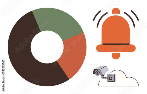 Pie chart showcasing data, orange alarm bell signaling alert, and surveillance camera with cloud backup. Ideal for security, monitoring, data analysis, alerts, technology, reports simple flat