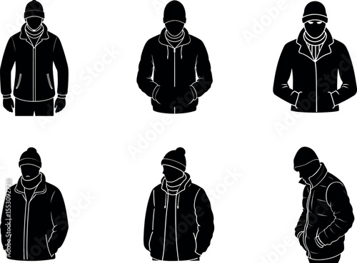 Collection of 6 diverse black and white silhouette figures wearing winter clothing isolated on transparent background silhouette