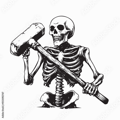 Strong Skeleton Wielding a Heavy Hammer in a Simple Vector Artwork Design