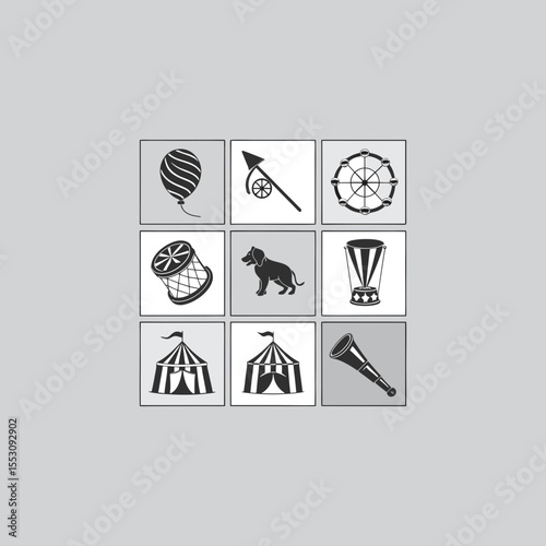 Vintage Circus Icons Set in Monochrome Style