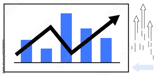 Bar chart with upward trendline arrow emphasizing growth, progress, and statistics. Ideal for business, finance, strategy, analytics, economics marketing productivity concepts. Simple flat metaphor
