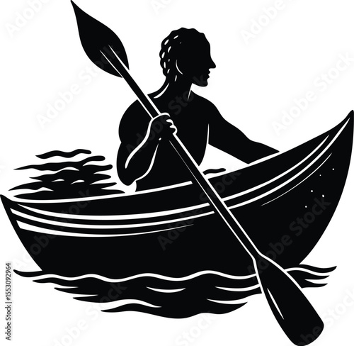 Silhouette of a Person Paddling Canoe
