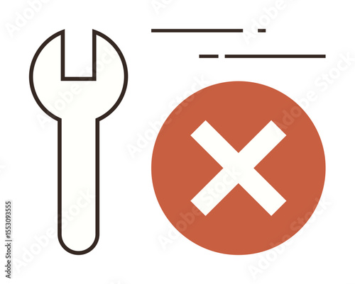 Wrench tool next to red cross signifying technical error or maintenance failure. Ideal for repair alert, troubleshooting, system error, technical difficulty, maintenance, problem-solving, simple flat