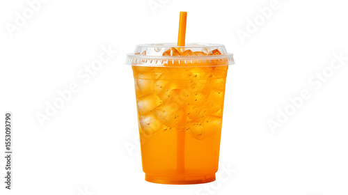 Refreshing orange juice with ice cubes and straw, a perfect summer drink