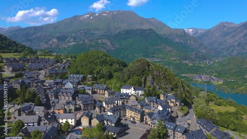 Aerial view of the Tena Valley, Pyrenees, Huesca, Aragon, Spain	