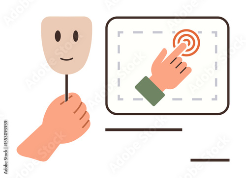 Hand holding neutral mask beside screen with finger pressing target. Ideal for identity, anonymity, technology, choices, social interaction, deception, personal expression. Simple flat metaphor