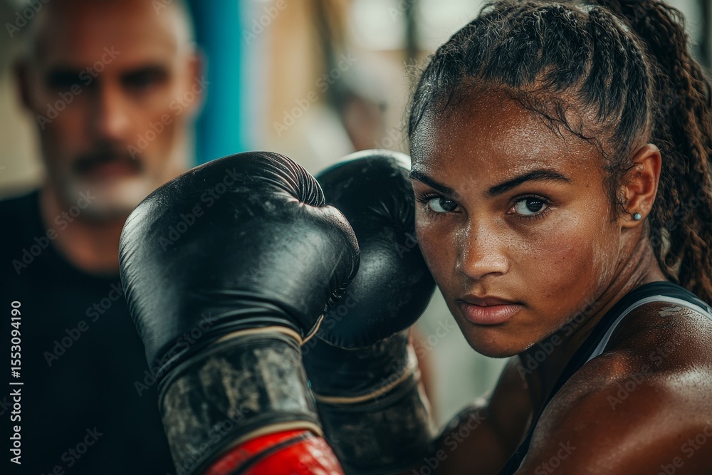 Trainer helping a female boxer with reverse punches, providing support and guidance as she sharpens her skills during a training session, Generative AI Trainer helping a female boxer with reverse punches, providing support and guidance as she sharpens her skills during a training session, Generative AI
