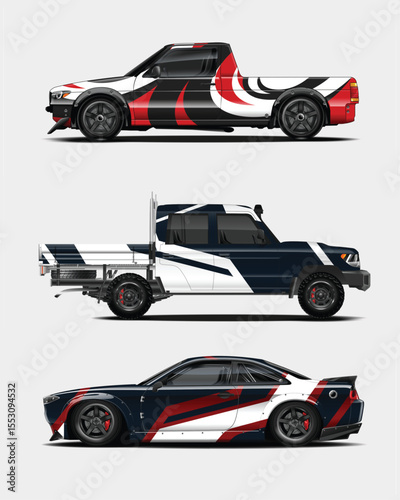 Three Customized Vehicles with Striking Graphics and Modified Features Displayed on a Light Background