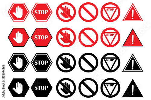 Set of warning and stop signs including hand, exclamation mark and no entry symbols. Ideal for road safety, caution, and traffic related design or illustration. stop, ban, icons, vector and symbols.