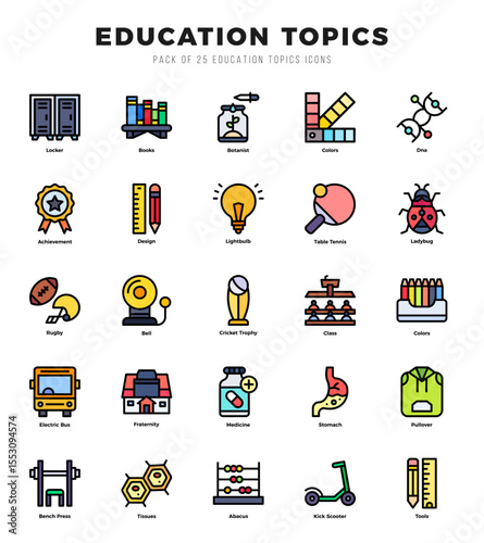 Education Topics Lineal Color icons collection. Lineal Color icons pack. Vector illustration