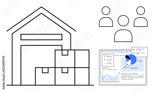 Warehouse with stacked boxes, team icons, and analytics dashboard. Ideal for logistics, inventory, supply chain, teamwork, business planning, data-driven strategy simple landing page