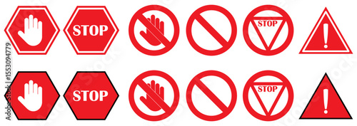 Set of red warning and stop signs including hand, exclamation mark and no entry symbols. Ideal for road safety, caution, and traffic related design or illustration. stop, ban, icons, vector and symbol