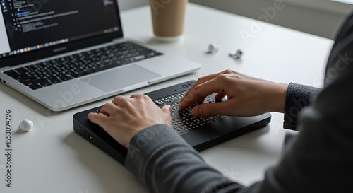 Person Using Braille Keyboard at a Desk