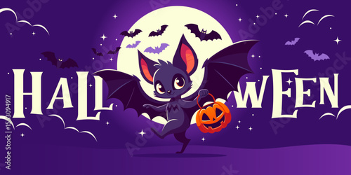 Happy Halloween party greeting card with cute ghost. Spooky banner template. Halloween Promotion Poster. Halloween night seen. Halloween poster with bat. Halloween bat character design illustration