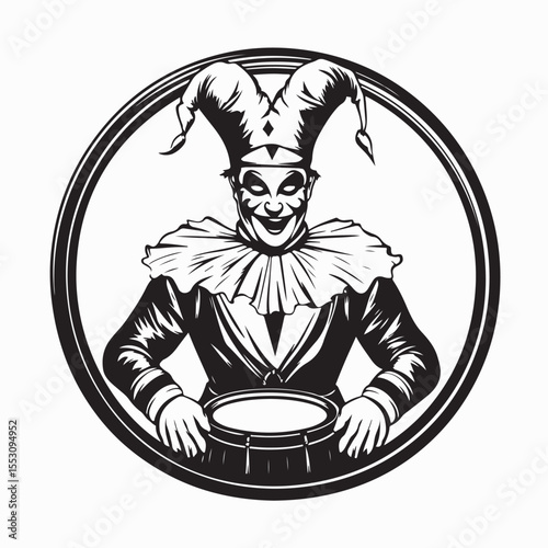 Funny Clown Joyfully Playing Drum to Accompany the Music in Vector Art