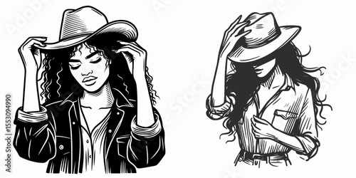 African American Cowgirl Adjusting hat brim. Western Cartoon Clipart Cowboy Silhouette Line Art Vector Illustration. Woman of color rancher fixes headwear fashion rural worker.