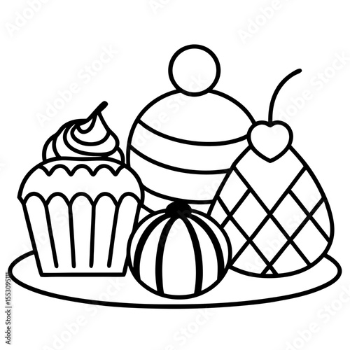 Chocolate Dessert Collection line art vector illustration of a cake