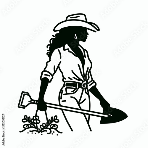 African American Cowgirl Carrying a shovel. Western Cartoon Clipart Cowboy Silhouette Line Art Vector Illustration. Black woman rancher hauling spade rural farm job culture figure.