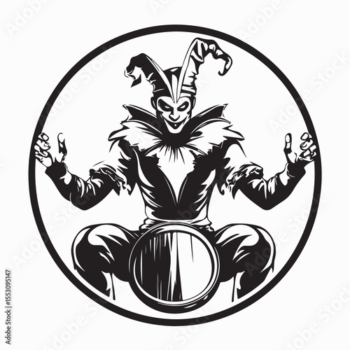 Funny Clown Joyfully Playing Drum to Accompany the Music in Vector Image.