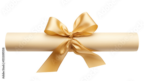 Diploma scroll tied with a golden satin ribbon is on a transparent background