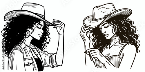 African American Cowgirl Adjusting hat brim. Western Cartoon Clipart Cowboy Silhouette Line Art Vector Illustration. Black female rancher fixes headwear border fashion persona.