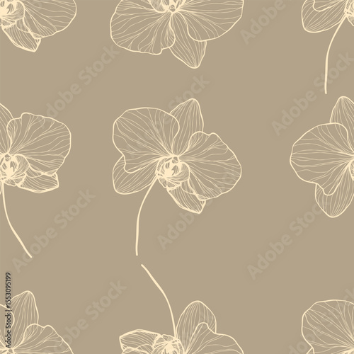 seamless floral pattern.Seamless vector pattern with delicate orchid flowers in elegant line art on a beige background. Perfect for textile, packaging, wallpapers, and botanical-themed design projects