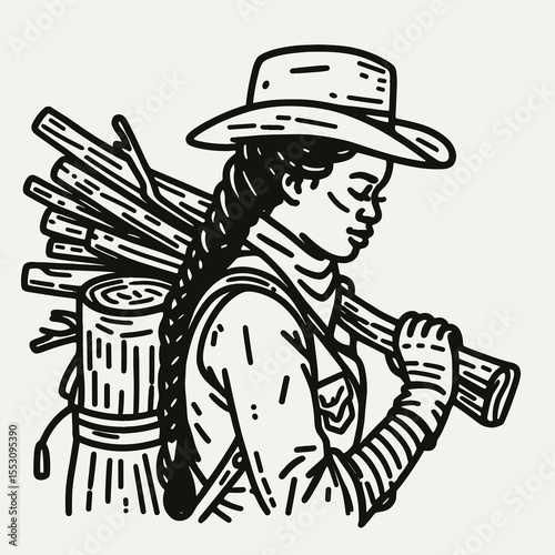 African American Cowgirl Carrying firewood. Western Cartoon Clipart Cowboy Silhouette Line Art Vector Illustration. Black woman rancher hauling kindling outdoor manual labor lifestyle.