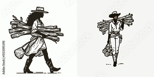 African American Cowgirl Carrying firewood. Western Cartoon Clipart Cowboy Silhouette Line Art Vector Illustration. Black female wrangler hauling timber an equestrian with lumber.