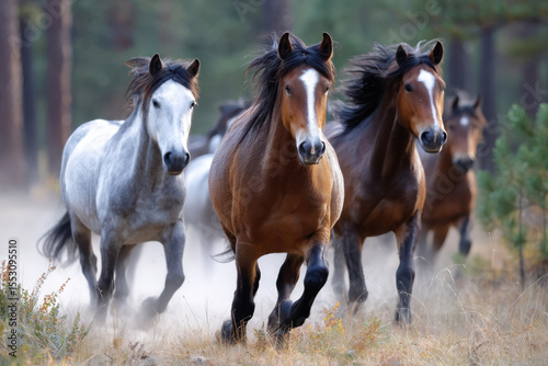 Horses run freely through a forest in the late afternoon sunlight