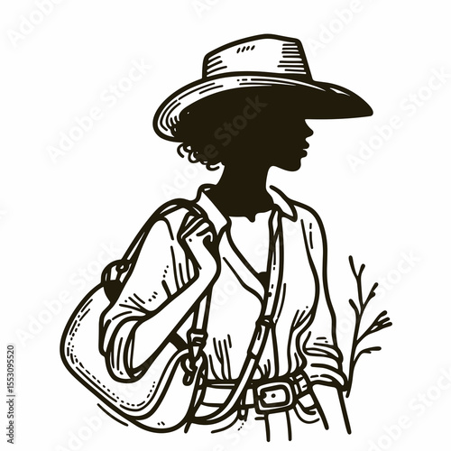 African American Cowgirl Carrying saddlebag. Western Cartoon Clipart Cowboy Silhouette Line Art Vector Illustration. Black female rancher hauling gear a bag attached at ride.
