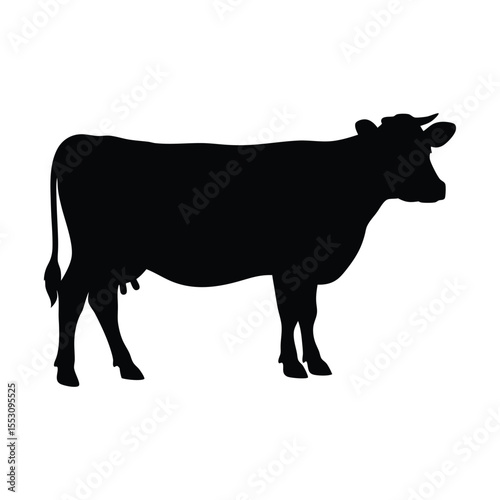 Dairy Cow with Horns and Udder Black Silhouette Illustration.