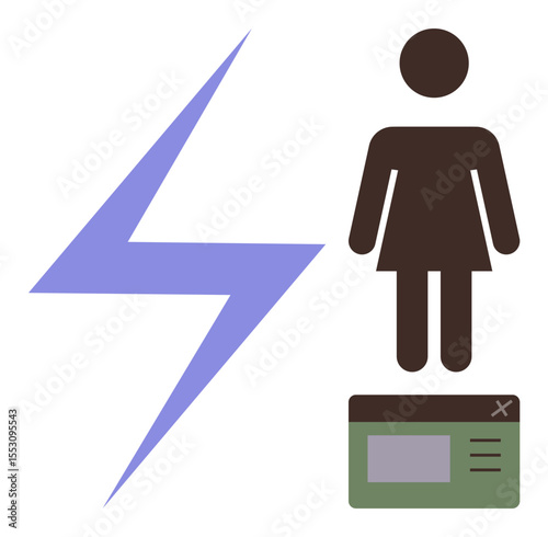 Purple lightning bolt, female silhouette, web page mockup. Ideal for empowerment, progress, technology, energy, gender equality, innovation motivation simple flat metaphor