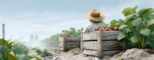 organic strawberry picking Farmer in Straw Hat Harvesting Fresh Vegetables in Serene Landscape summer fruit festival family farm harvest