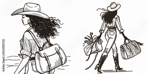 African American Cowgirl Carrying saddlebag. Western Cartoon Clipart Cowboy Silhouette Line Art Vector Illustration. Black woman rancher with bag on horseback riding attire and gear.