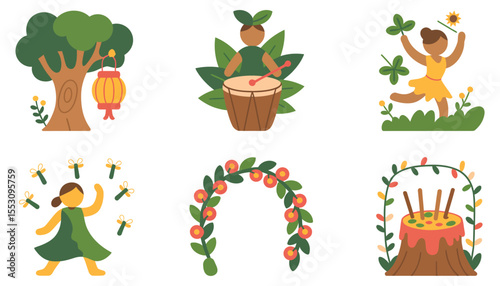 A charming set of Christmas holiday vector icons featuring festive cartoon illustrations and winter decorations like trees, gifts, and Santa symbols